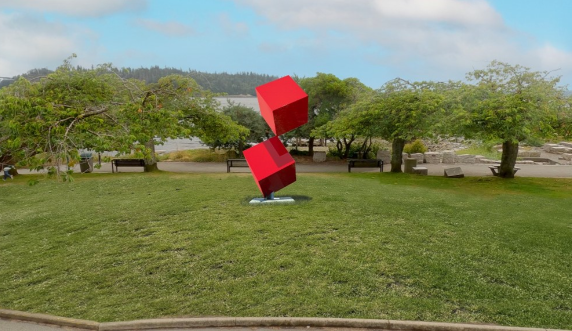 Red cube art in West Vancouver.
