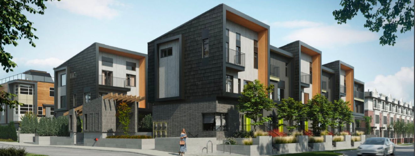 Planned 12-unit townhouses on Glenaire Drive with sidewalks, street trees, and a central pedestrian path.